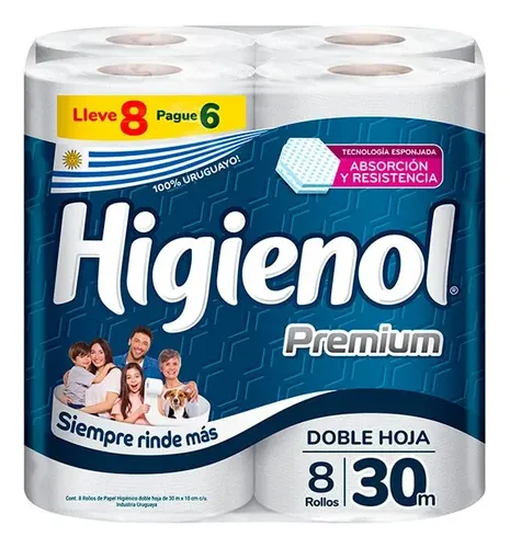 PAPEL HIGIENICO HIGIENOL PREMIUM 30M X8